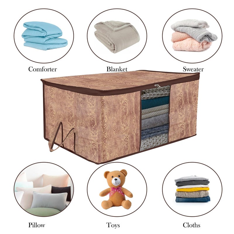Kuber Industries Underbed Storage Bag Clothes Storage Bag Blanket Cover with Clear Window Zipper Closure Handle Cloth Organizer Wooden TextureDesign Large Pack of 3 Brown - Image 5