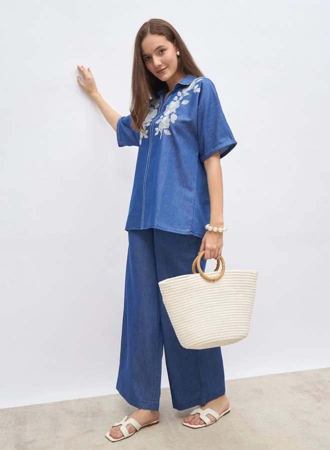 ستايلي Styli Oversized Chambray Shirt with Embroidery