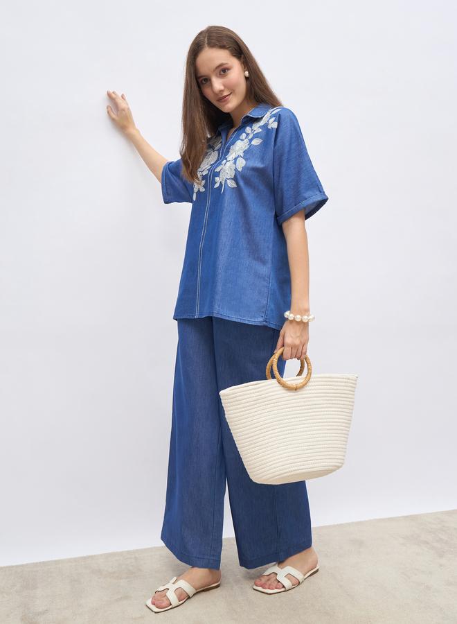 Styli Oversized Chambray Shirt with Embroidery - Image 1