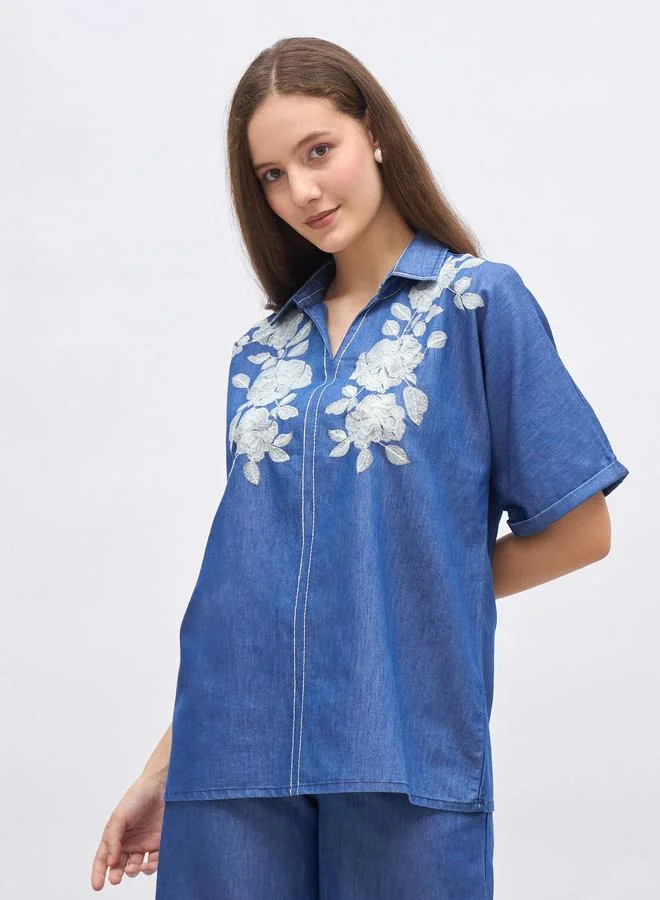 ستايلي Styli Oversized Chambray Shirt with Embroidery