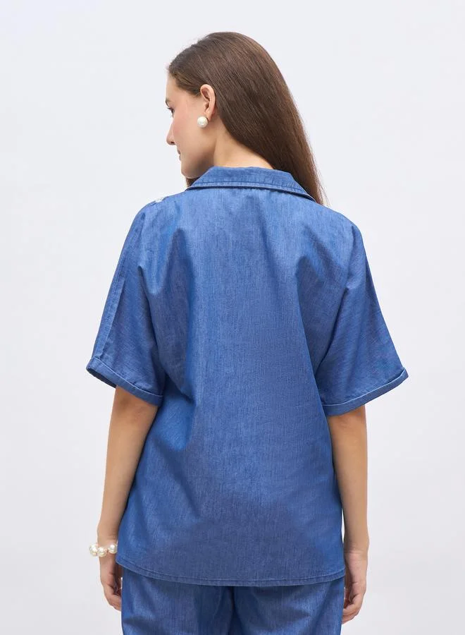 Styli Styli Oversized Chambray Shirt with Embroidery