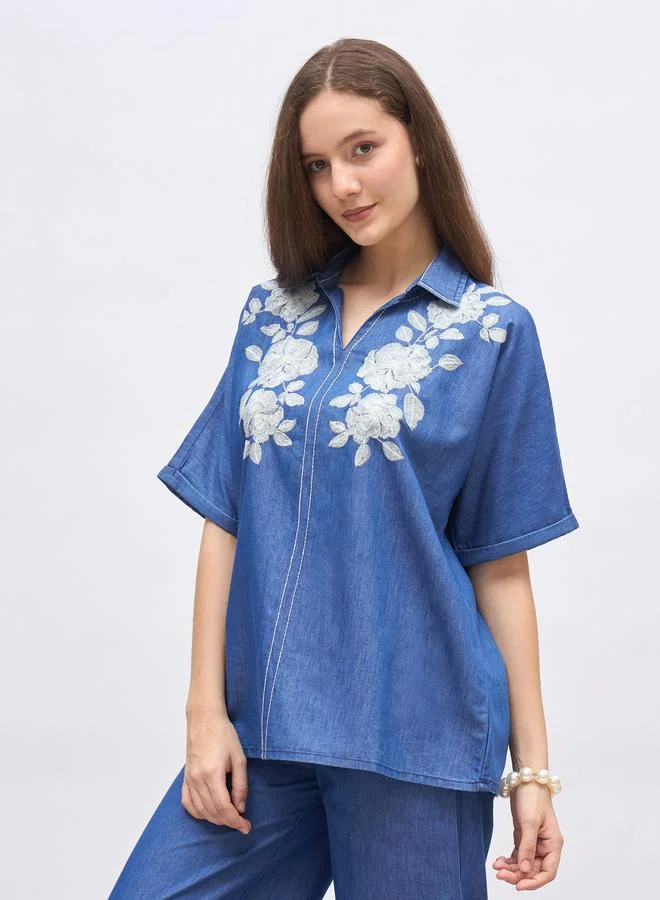 Styli Styli Oversized Chambray Shirt with Embroidery