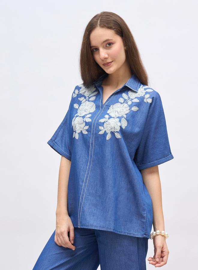 Styli Oversized Chambray Shirt with Embroidery - Image 3