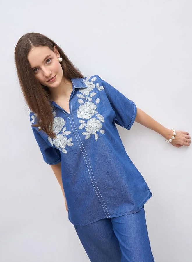 Styli Styli Oversized Chambray Shirt with Embroidery