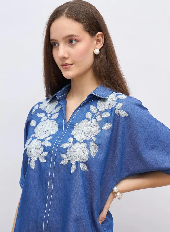 Styli Styli Oversized Chambray Shirt with Embroidery