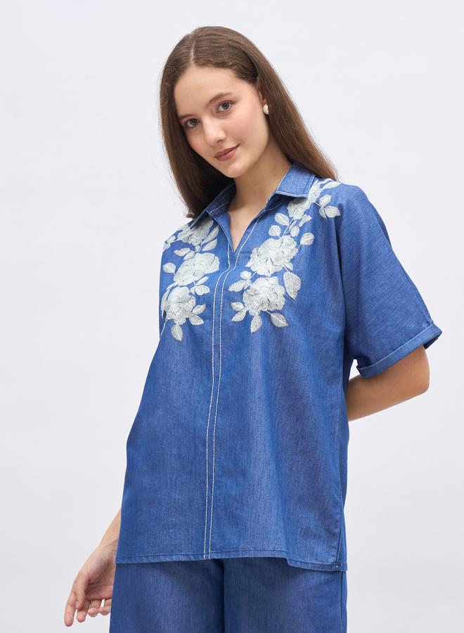 Styli Oversized Chambray Shirt With Embroidery - Image 1