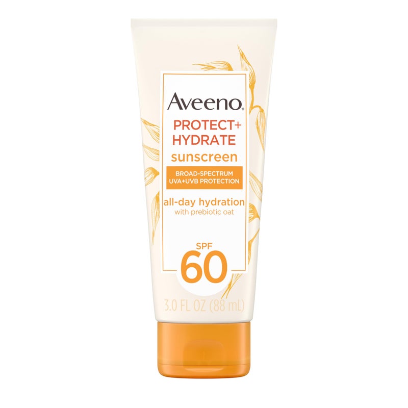 Aveeno Protect + Hydrate Moisturizing Body Sunscreen Lotion, SPF60 Broad Spectrum & Prebiotic Oat, Oil-, Oxybenzone- & Paraben-Free, Water & Sweat Resistant (80-min), Non-Greasy, Travel Size 3.0 Fl Oz - Image 1
