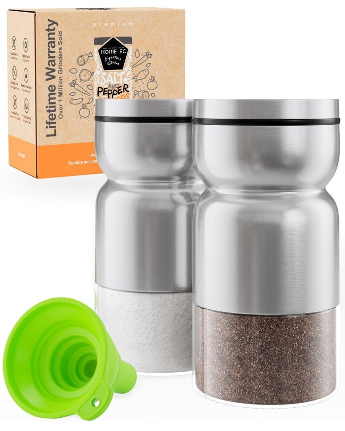 ORIGINAL SALT AND PEPPER SHAKERS SET WITH ADJUSTABLE POUR HOLES GLASS AND STAINLESS STEEL SALT SHAKER AND PEPPER SHAKER FARMHOUSE SPICE DISPENSER FOR SALTS GROUND PEPPERCORN AND SPICES