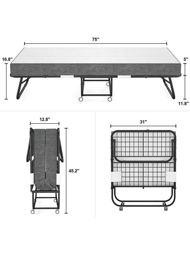 Belford Premium Swedish designed Folding Bed with Mattress Portable Foldable Guest Cot Size Rollaway with Fold up Metal Frame for Study Bedroom Living Room With Free Pillow