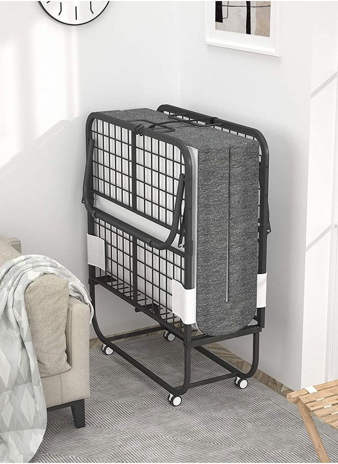 Belford Premium Swedish designed Folding Bed with Mattress Portable Foldable Guest Cot Size Rollaway with Fold up Metal Frame for Study Bedroom Living Room With Free Pillow