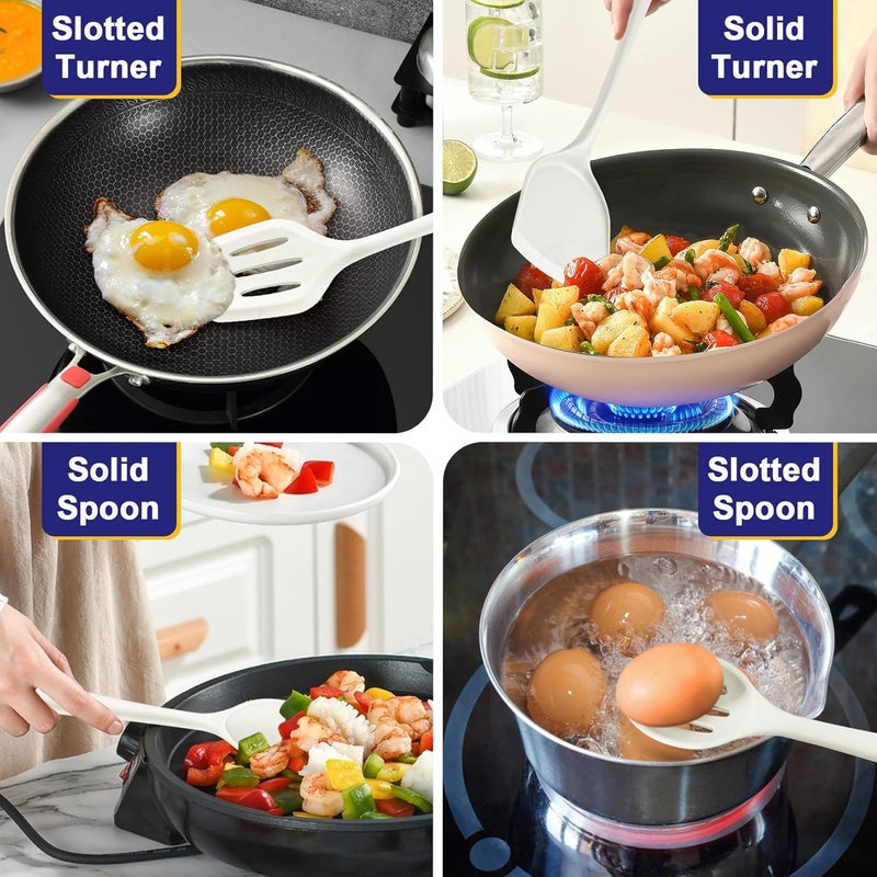 P&P CHEF طقم أدوات المطبخ، 4 قطع أدوات طهي سيليكون غير لاصقة، ملعقة صلبة مقاومة للحرارة لقلي، خلط، تقديم، غير سامة وسهلة التنظيف، بيضاء - Image 4