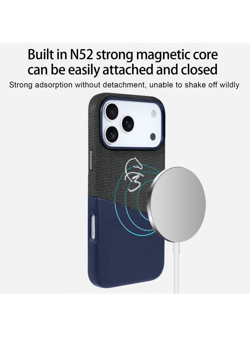 دبليو تيك غطاء هاتف فاخر لهاتف آبل آيفون 17 برو 5G 2025 مع ماجسيف إدخال جلد مزدوج للبطاقات (MCMPMN) - أزرق/أسود - Image 2