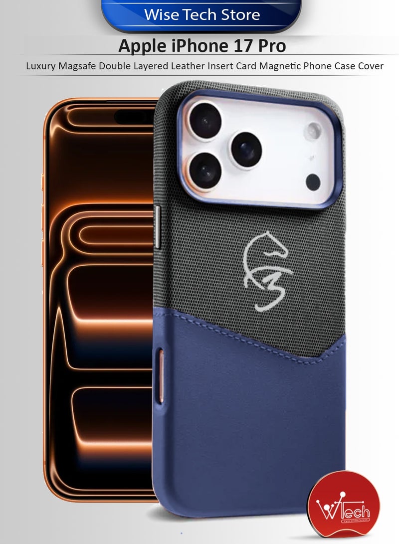 دبليو تيك غطاء هاتف فاخر لهاتف آبل آيفون 17 برو 5G 2025 مع ماجسيف إدخال جلد مزدوج للبطاقات (MCMPMN) - أزرق/أسود - Image 1
