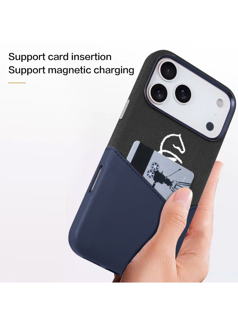 دبليو تيك غطاء هاتف فاخر لهاتف آبل آيفون 17 برو 5G 2025 مع ماجسيف إدخال جلد مزدوج للبطاقات (MCMPMN) - أزرق/أسود - Image 4