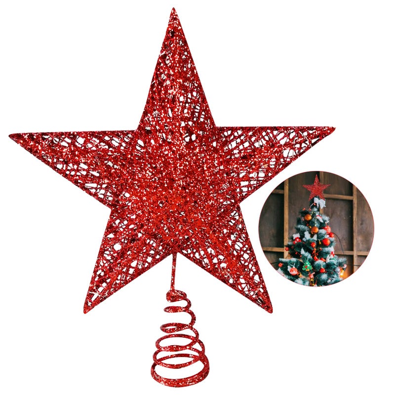 Rainmae Christmas Tree Topper Metal Xmas Tree Top Glittered Treetop Star for Festive Christmas Decor Holiday Ornament or Home Decor Red 8 inch 