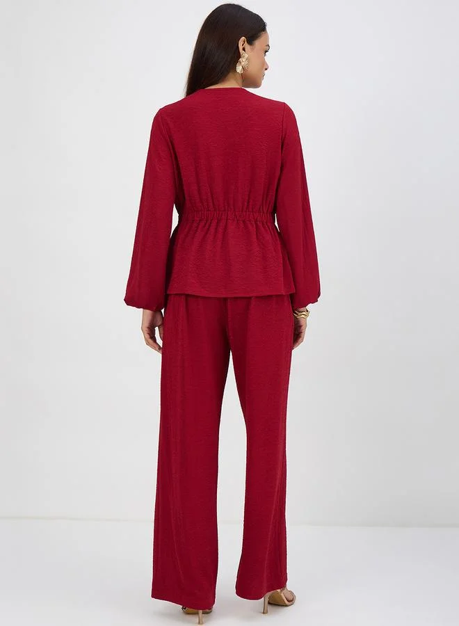 Femmella Women Red Textured Wrap Top with Pants Co-Ord