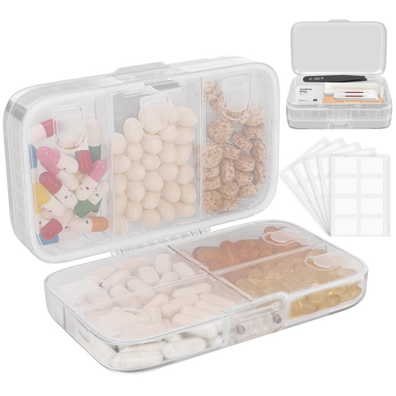 FYY Weekly Pill Organizer with Labels,8 Compartments Travel Daily Pill Case Airtight Moistureproof Large Pill Box to Hold Vitamins, Fish Oil, Supplements,Cotton Swab and Bandages-Clear - Image 1