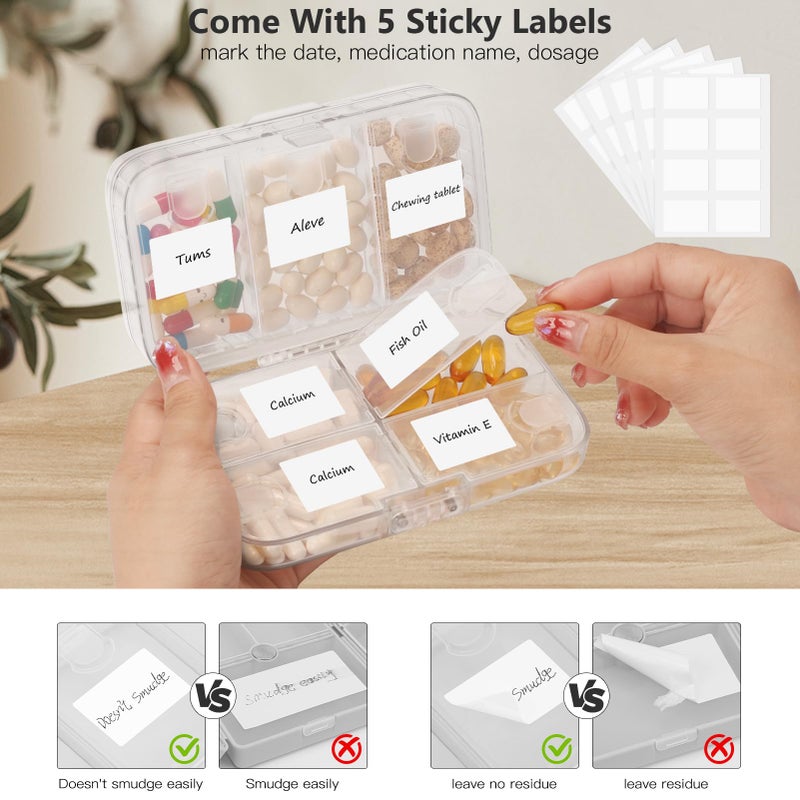 FYY Weekly Pill Organizer with Labels,8 Compartments Travel Daily Pill Case Airtight Moistureproof Large Pill Box to Hold Vitamins, Fish Oil, Supplements,Cotton Swab and Bandages-Clear - Image 5