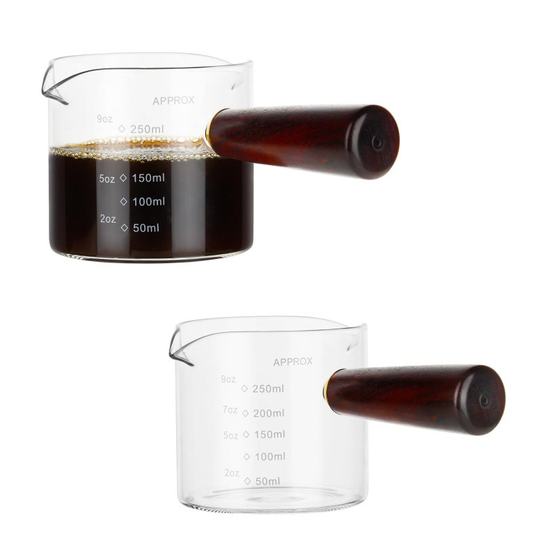 BCnmviku 250ML/8.5OZ Measuring Cup 2pack Espresso Shot Glasses Double Spouts Coffee Cup with Wood Handle Triple Pitcher Milk Cup Parts Clear Glass By BCnmviku - Image 1