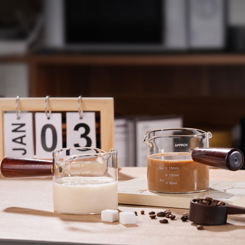 BCnmviku 250ML/8.5OZ Measuring Cup 2pack Espresso Shot Glasses Double Spouts Coffee Cup with Wood Handle Triple Pitcher Milk Cup Parts Clear Glass By BCnmviku - Image 4