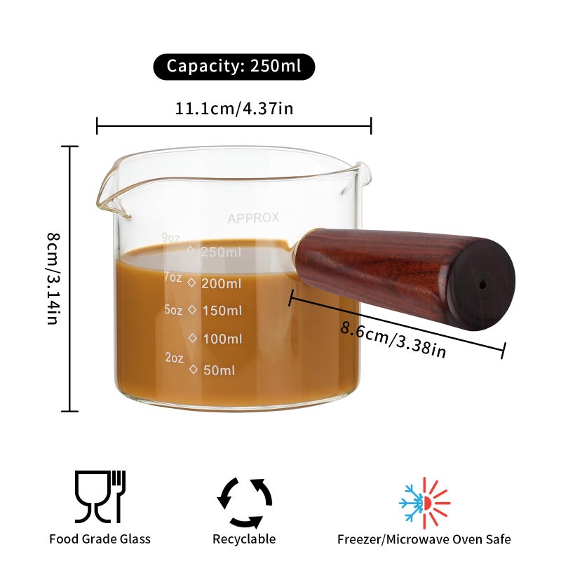 BCnmviku 250ML/8.5OZ Measuring Cup 2pack Espresso Shot Glasses Double Spouts Coffee Cup with Wood Handle Triple Pitcher Milk Cup Parts Clear Glass By BCnmviku - Image 2