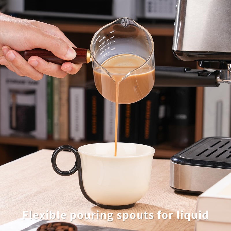 BCnmviku 250ML/8.5OZ Measuring Cup 2pack Espresso Shot Glasses Double Spouts Coffee Cup with Wood Handle Triple Pitcher Milk Cup Parts Clear Glass By BCnmviku - Image 5