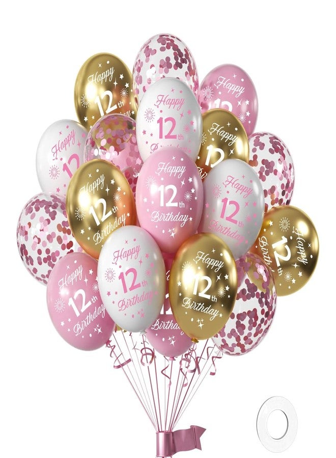 Hongplus Pink 12th Birthday Balloons for Girls 12th Birthday Party Decorations, 12inch 16pcs Pink Gold Happy 12th Birthday Balloons, Party Balloons Confetti Balloons for Girls Princess Theme Party Deocorations - Image 1
