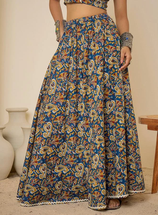 Winered Blue Printed Flared Maxi Skirt
