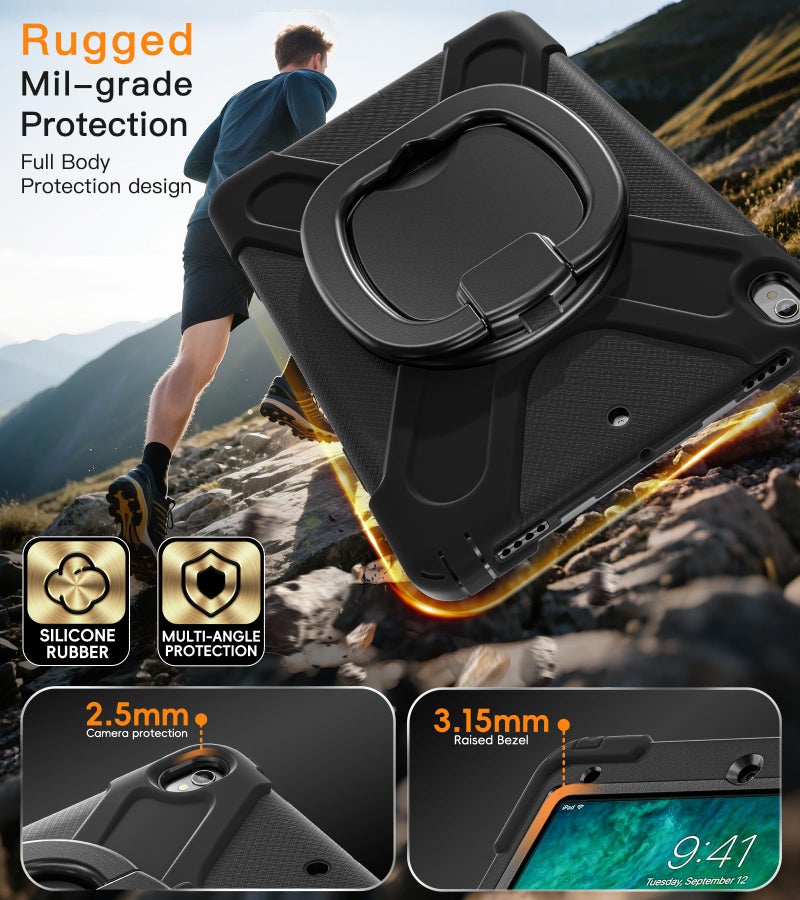 BATYUE iPad Air 3rd Generation Case 2019 / iPad Pro 10.5 inch Case 2017; Rugged Heavy Duty Protective Cover with Pencil Holder, 360Â° Swivel Stand, Shoulder Strap; for Kids (Black) - Image 5