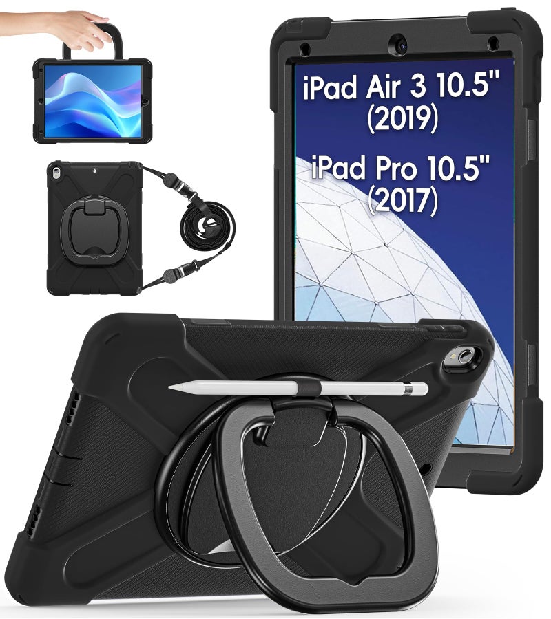 BATYUE iPad Air 3rd Generation Case 2019 / iPad Pro 10.5 inch Case 2017; Rugged Heavy Duty Protective Cover with Pencil Holder, 360Â° Swivel Stand, Shoulder Strap; for Kids (Black) - Image 1