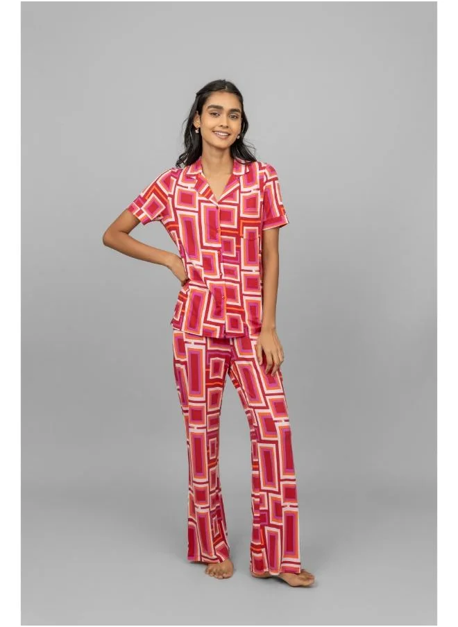 NeceSera Red Zen Half Sleeves Button Down Pajama Set