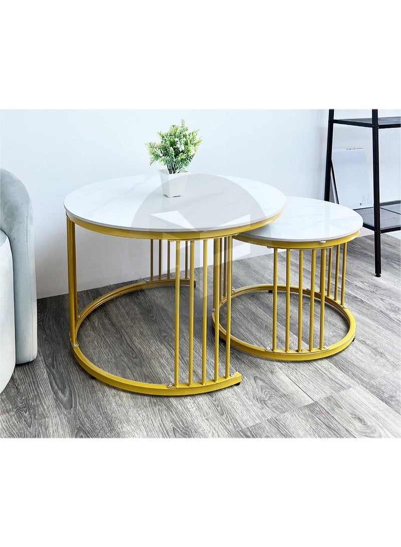 Premium Nesting Center Table Set of Two, Round White Glass Coffee Tables with Stylish Gold Metal Legs, Ideal for Living Room, Reception Area, Apartment and Modern Home Interior Large Table: 70 × 45, Small Table: 50 × 38 - Image 1