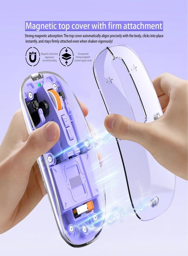 إف ماوس ماوس FMOUSE الإبداعي الشفاف النحيف اللاسلكي - غطاء مغناطيسي، 3 أوضاع (بلوتوث مزدوج + USB)، قابل لإعادة الشحن، سطح مكتب بنقرة واحدة، لأجهزة MacBook/pc/iPad/Laptop (بنفسجي) - Image 3