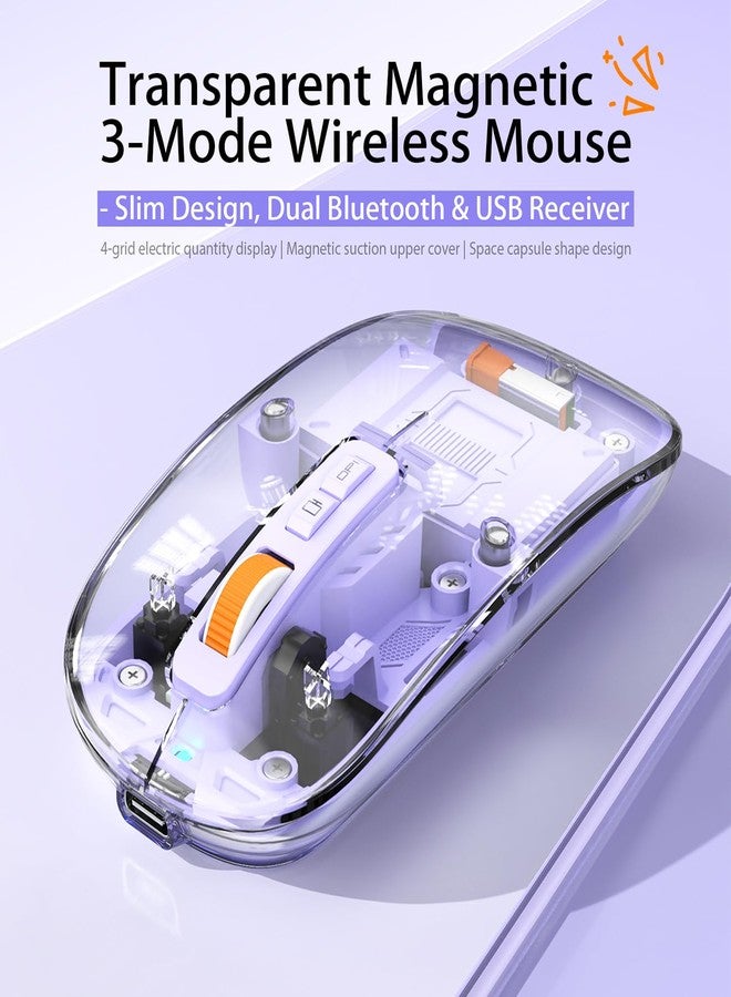 إف ماوس ماوس FMOUSE الإبداعي الشفاف النحيف اللاسلكي - غطاء مغناطيسي، 3 أوضاع (بلوتوث مزدوج + USB)، قابل لإعادة الشحن، سطح مكتب بنقرة واحدة، لأجهزة MacBook/pc/iPad/Laptop (بنفسجي) - Image 2