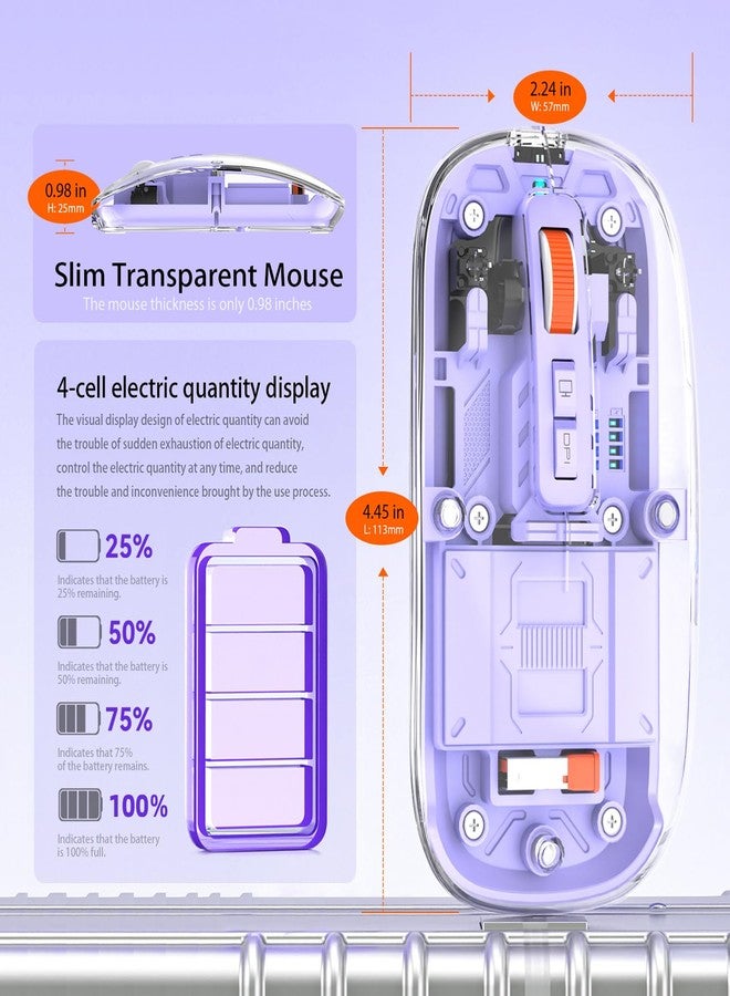 إف ماوس ماوس FMOUSE الإبداعي الشفاف النحيف اللاسلكي - غطاء مغناطيسي، 3 أوضاع (بلوتوث مزدوج + USB)، قابل لإعادة الشحن، سطح مكتب بنقرة واحدة، لأجهزة MacBook/pc/iPad/Laptop (بنفسجي) - Image 5