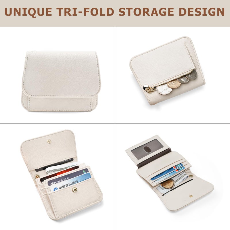 Sunpour Women Small Wallet RFID Blocking Slim Wallet with Coin Pocket Tri-Fold Credit Card Holder with ID Window and Keychain(Beige) - Image 3