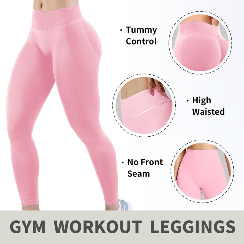BumpGlow Butt Lifting Gym Workout Leggings for Women Tummy Control High Waisted Scrunch Butt Seamless Impact Sports Yoga Pants Pink-L - Image 3
