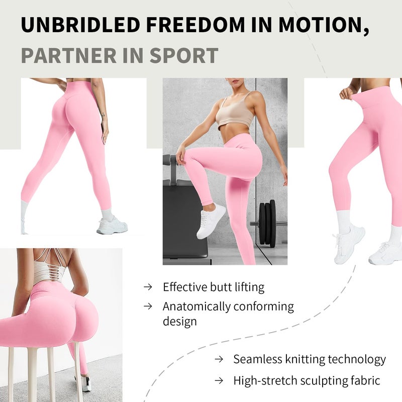 BumpGlow Butt Lifting Gym Workout Leggings for Women Tummy Control High Waisted Scrunch Butt Seamless Impact Sports Yoga Pants Pink-L - Image 2
