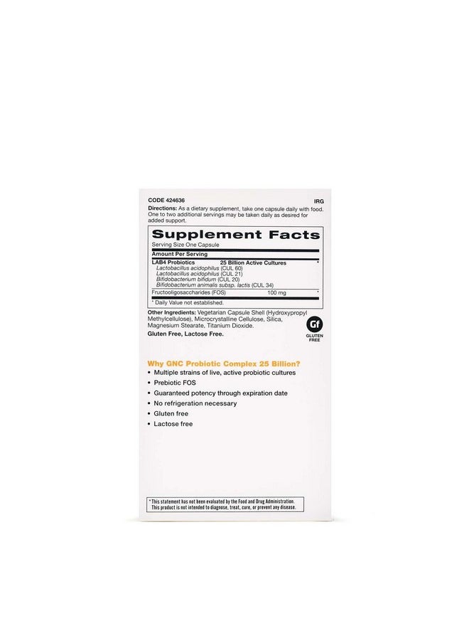 GNC - GNC Probiotic Complex with- 25 Billion CFUs, 60 Capsules, Daily Probiotic Support - Image 1