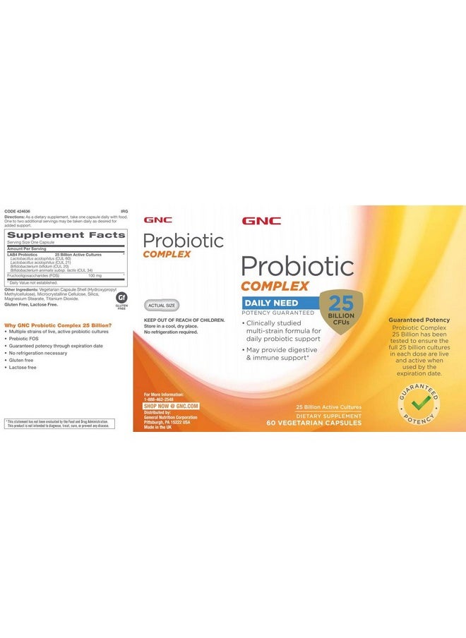 GNC - GNC Probiotic Complex with- 25 Billion CFUs, 60 Capsules, Daily Probiotic Support - Image 1