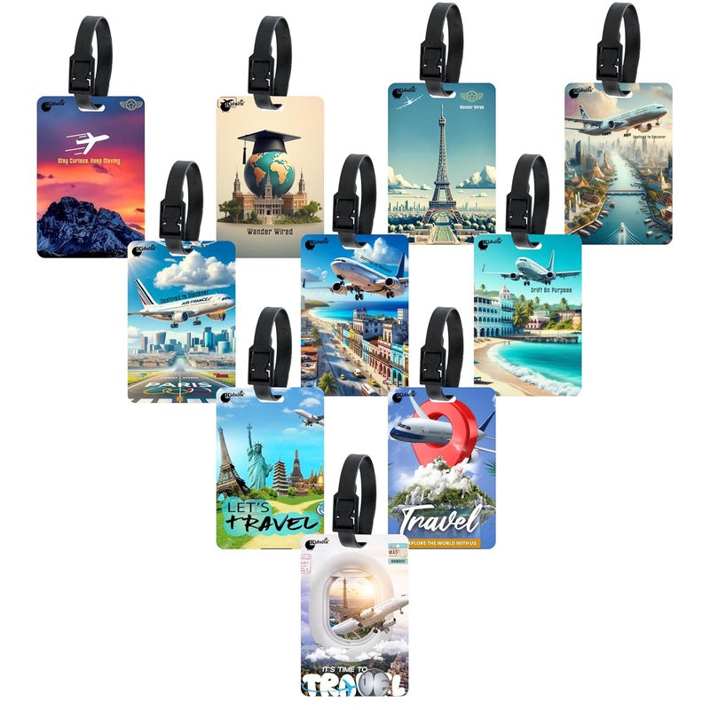 Kidultz (Set of 10) Synthetic Luggage Tags with Black Strap Loop | Durable, Waterproof, Anti-Break Travel ID Tags for Suitcases, Backpacks, School & Office Bags (Set 8) - Image 1
