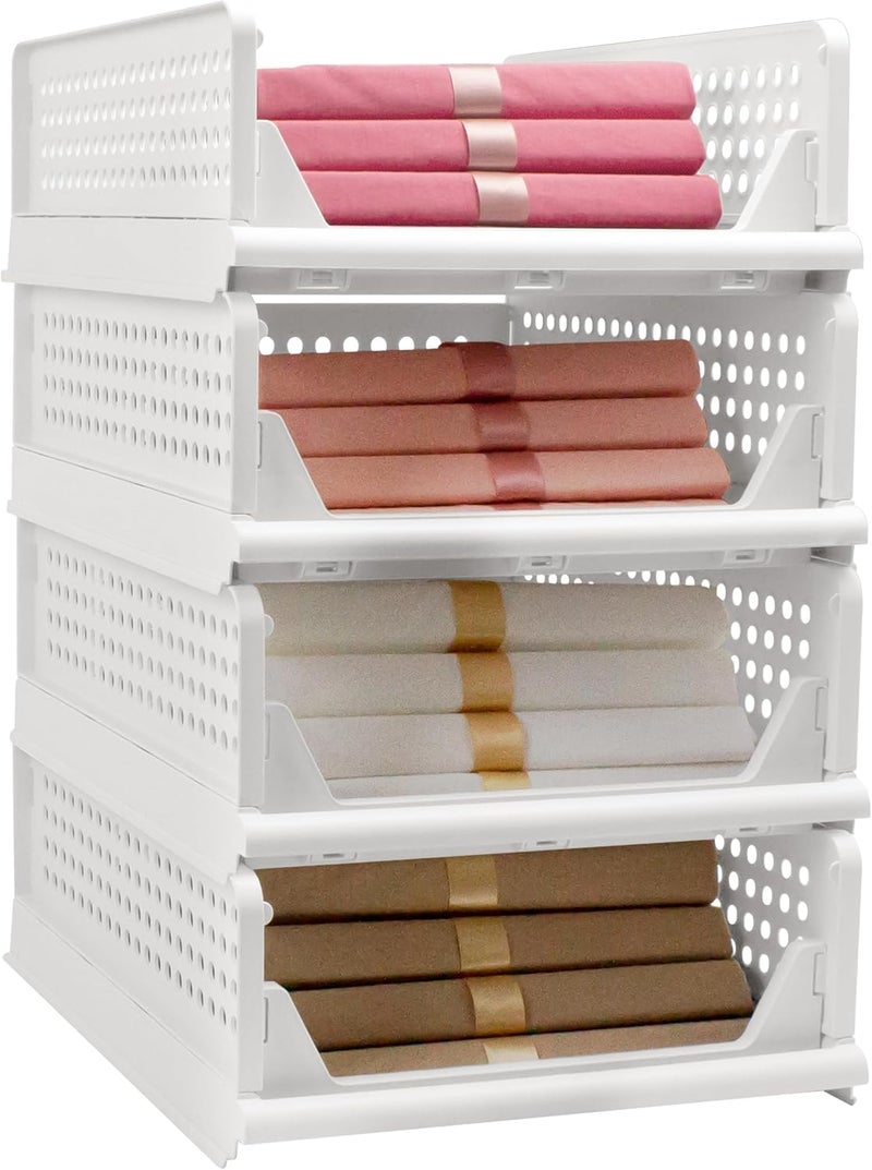 VERAT Plastic Foldable Stackable Organizers Rack Drawer Shelf Storage Container for Home Wardrobe Cupboard 4PC WHITE - Image 1