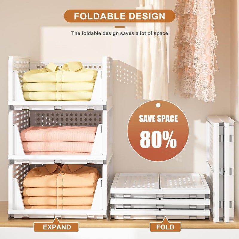 VERAT Plastic Foldable Stackable Organizers Rack Drawer Shelf Storage Container for Home Wardrobe Cupboard 4PC WHITE - Image 3