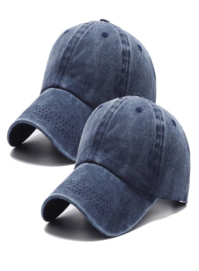 PFFY 2 Packs Vintage Washed Distressed Baseball Cap Dad Golf Hat Blue+Blue - Image 1