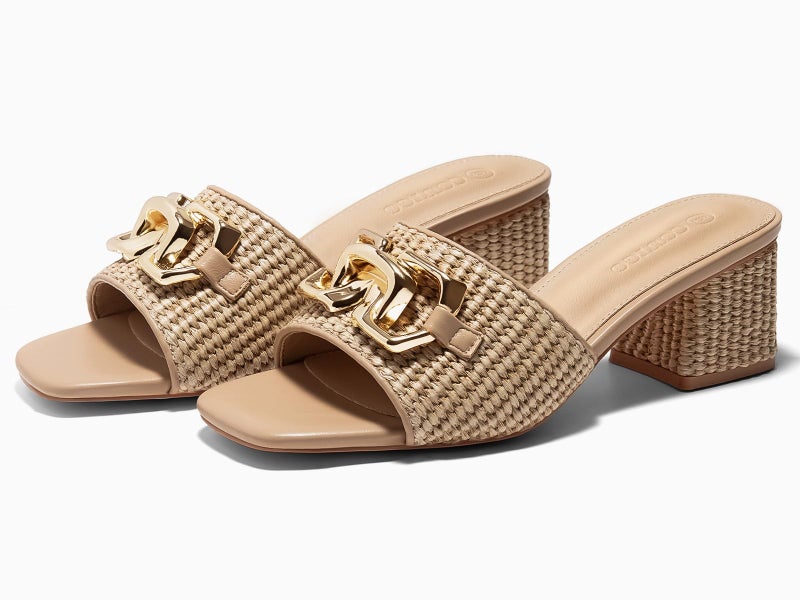 Coutgo Womens Raffia Slide Sandals Chunky Block Heeled Square Open Toe Metal Chain Slip on Mules Dressy Shoes, Coffee, Size 6 - Image 5