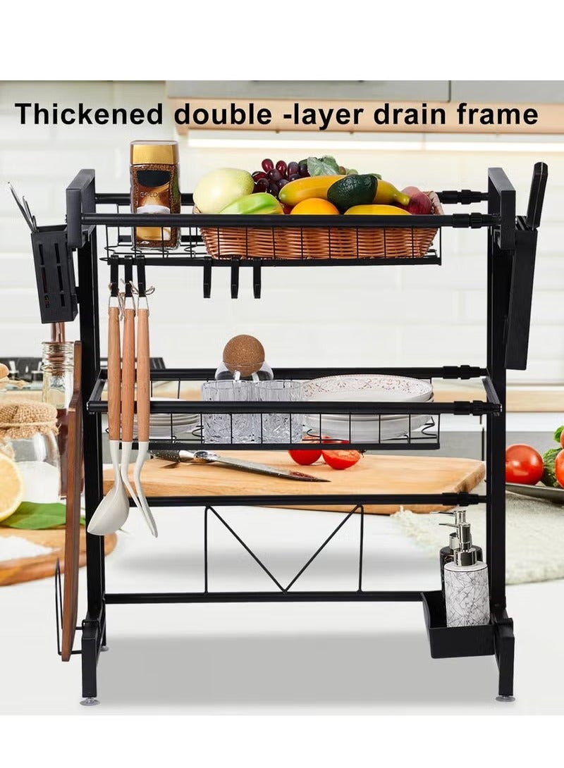 Double-Layer Drain Rack Carbon Steel Kitchen Dish Rack Sink Storage Rack Countertop Rack with Knife and Fork Basket Hook Drain Tray Large-Capacity Kitchen Storage Artifact  - Image 2