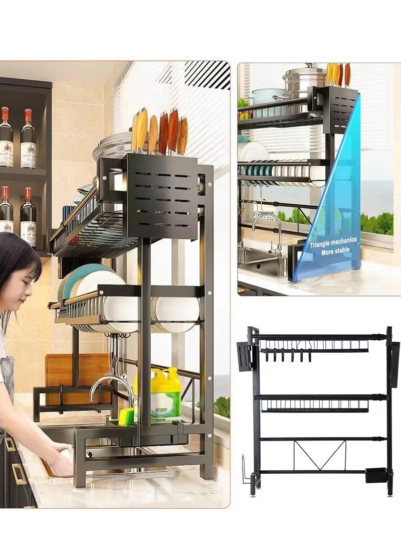 Double-Layer Drain Rack Carbon Steel Kitchen Dish Rack Sink Storage Rack Countertop Rack with Knife and Fork Basket Hook Drain Tray Large-Capacity Kitchen Storage Artifact  - Image 3