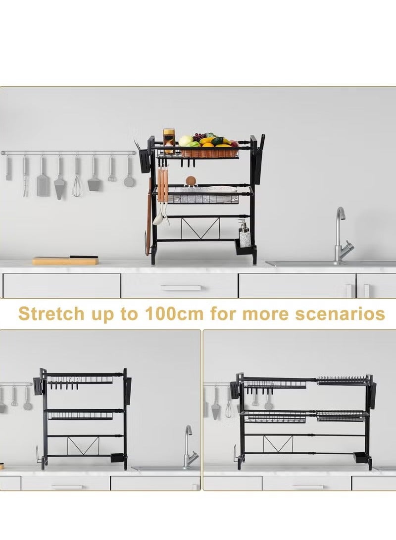 Double-Layer Drain Rack Carbon Steel Kitchen Dish Rack Sink Storage Rack Countertop Rack with Knife and Fork Basket Hook Drain Tray Large-Capacity Kitchen Storage Artifact  - Image 4