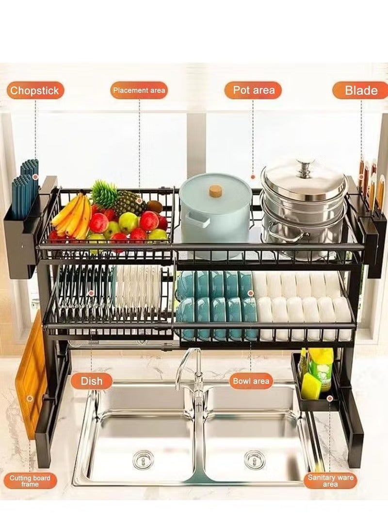 Double-Layer Drain Rack Carbon Steel Kitchen Dish Rack Sink Storage Rack Countertop Rack with Knife and Fork Basket Hook Drain Tray Large-Capacity Kitchen Storage Artifact  - Image 5