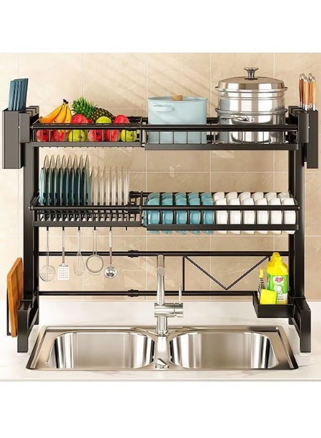 Double-Layer Drain Rack Carbon Steel Kitchen Dish Rack Sink Storage Rack Countertop Rack with Knife and Fork Basket Hook Drain Tray Large-Capacity Kitchen Storage Artifact  - Image 1